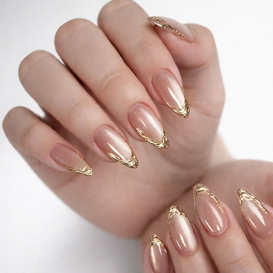 Luxury Nude Almond Press-On Nails with Gold French Tip | Reusable Nail Set